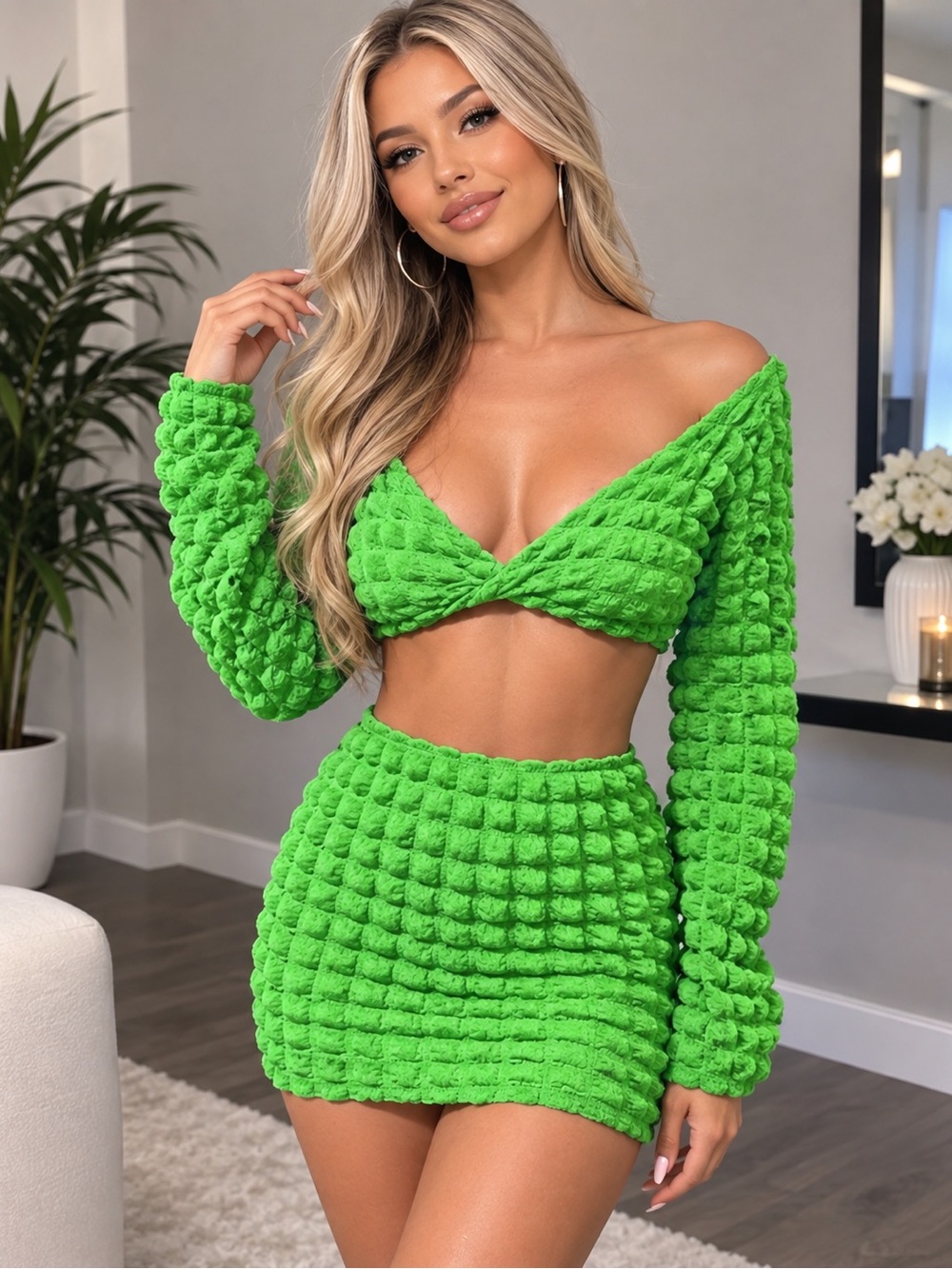 Vibrant Green Textured Mini Skirt - Women